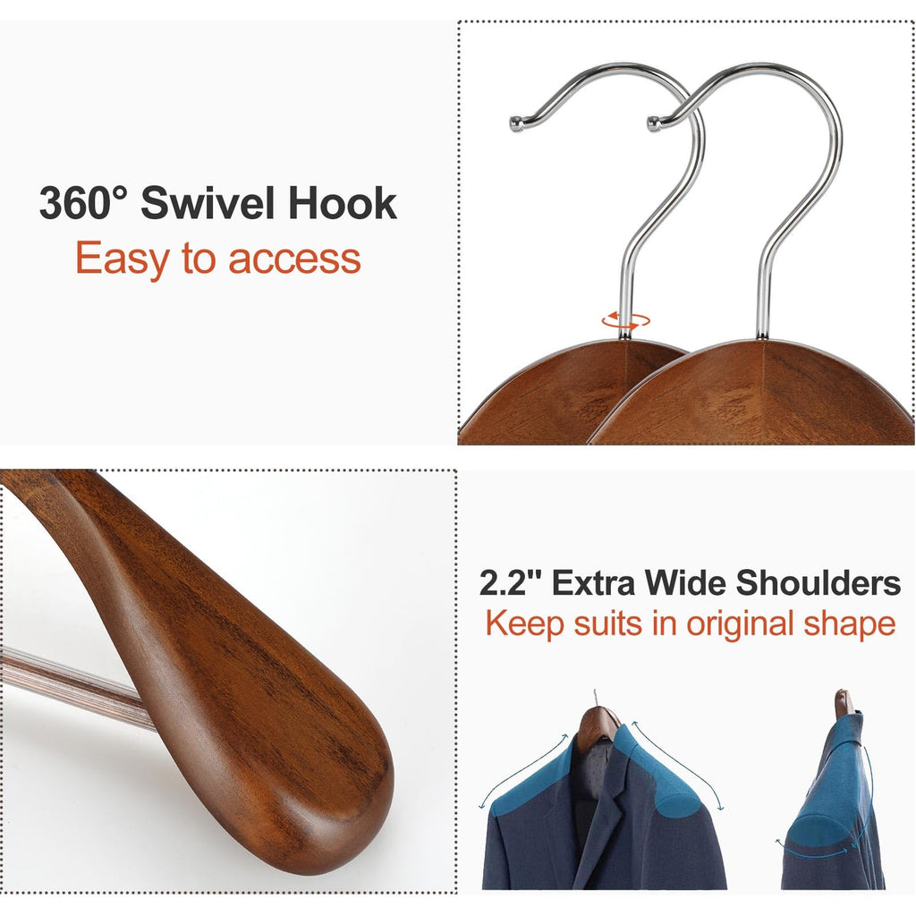 Wide Shoulder Wooden Hangers, Suit Hangers with Non Slip Pants Bar & 360° Swivel Hook, Solid Wood Heavy Duty Coat