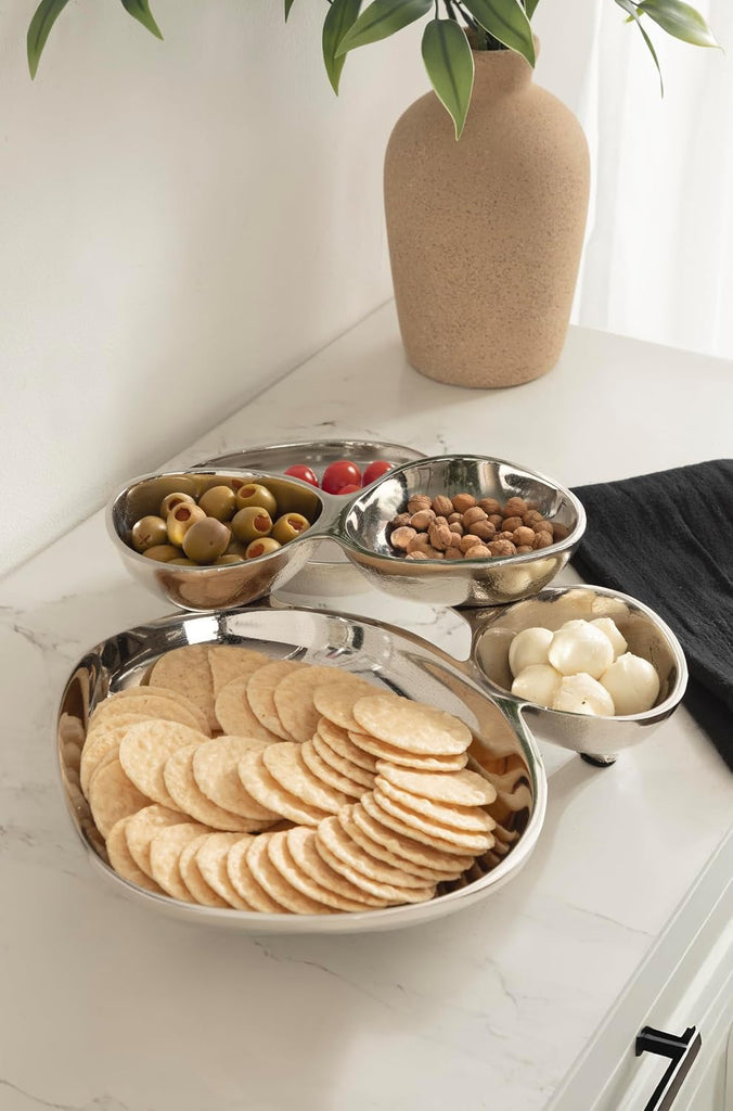 Cluso Modern Metal Tabletop Footed Cluster Tray, 14 x 10, Shiny Silver, Sculptural Cast Aluminum Food-Safe Tray Decor