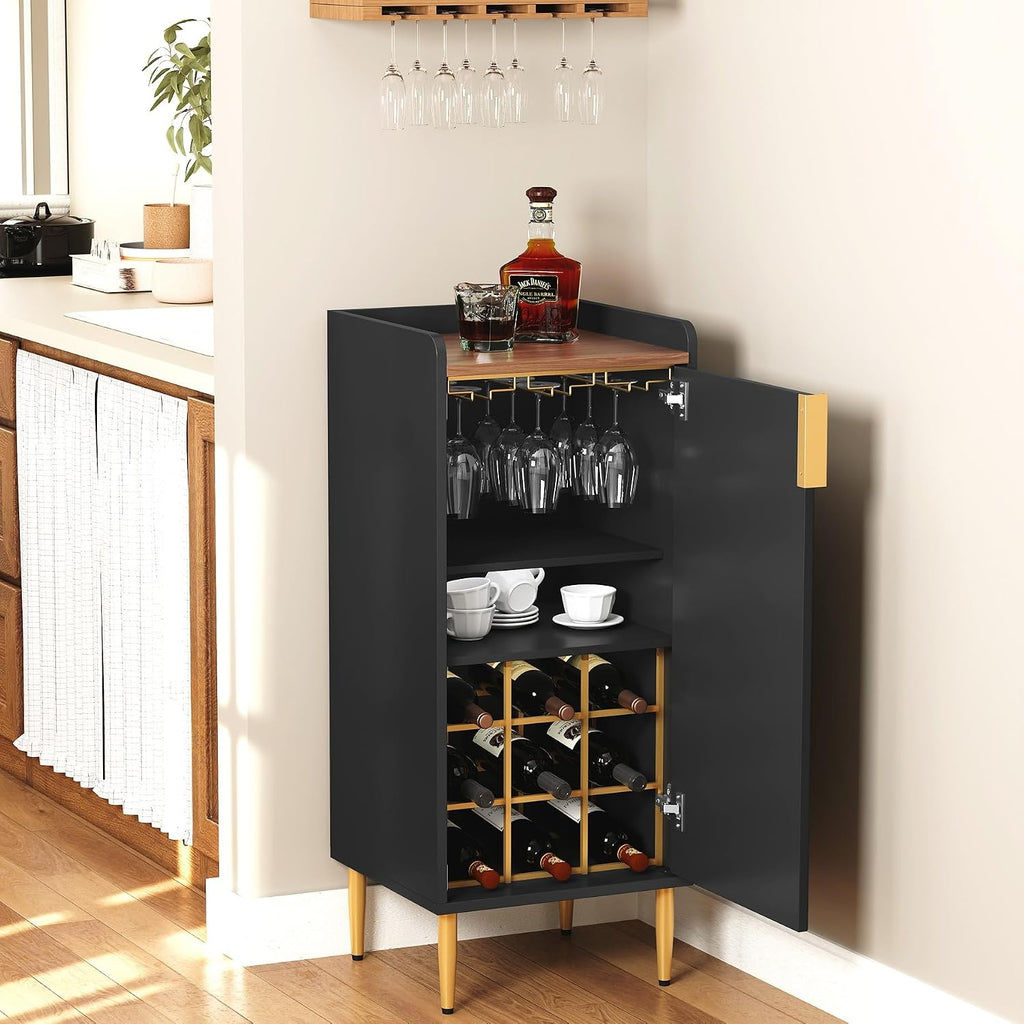Mini Bar Cabinet , Fluted Wine Bar Cart with Wine Racks & Wine Glass Holder, Modern Corner Liquor Cabinet (Black)