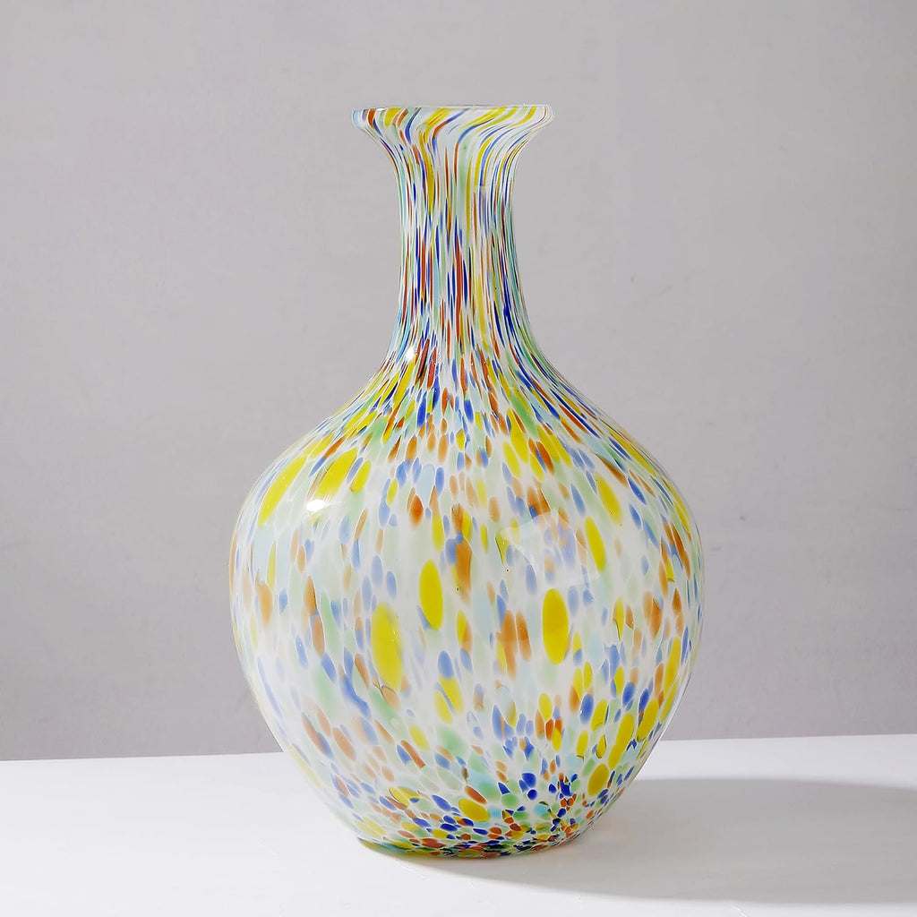 Hand Blown Colorful Round Murano-Style Art Glass Vase - 12.5" Tall,Wide Mouth Glass Vase for Mantle Dining Table