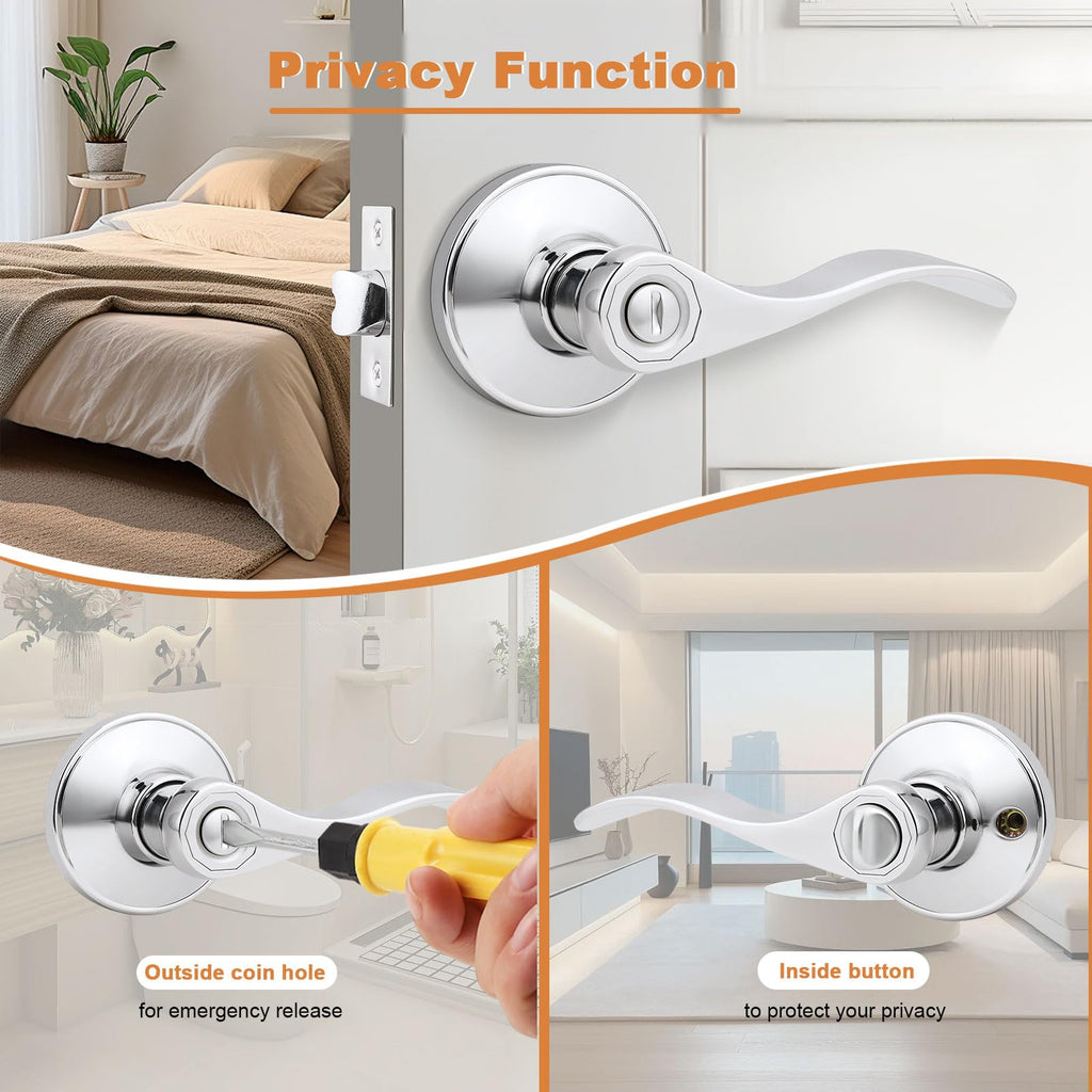 Privacy Door Handle Lever Polished Chrome Interior Door Handle, Chrome Door Lever Bathroom Keyless Interior Door Lock