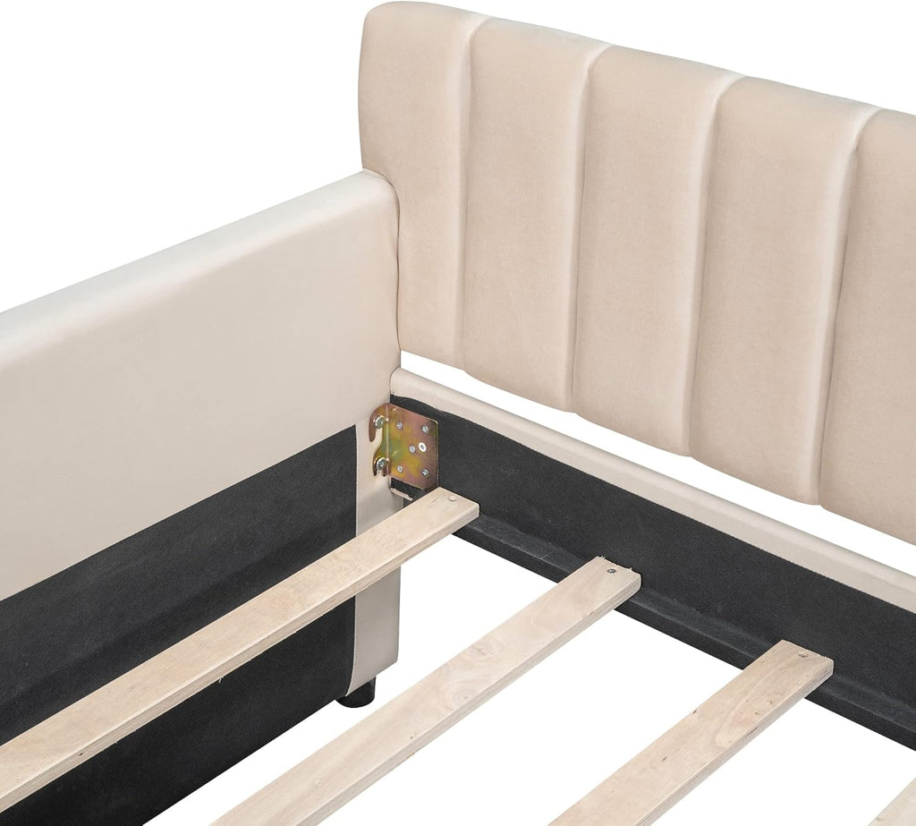 Upholstered Daybed with 2 Drawers, Twin Size Bed Frame with Storage and Wood Slat Support, Beige