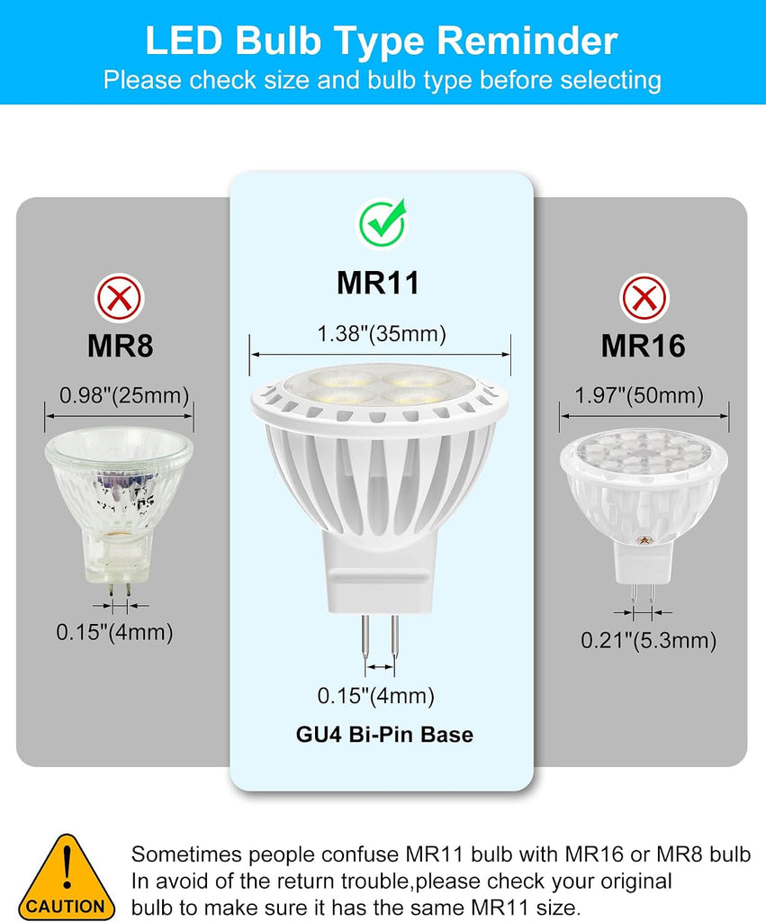 MR11 3W LED Bulbs, Daylight White 6000K, GU4 Bi-Pin Base 6-Pack