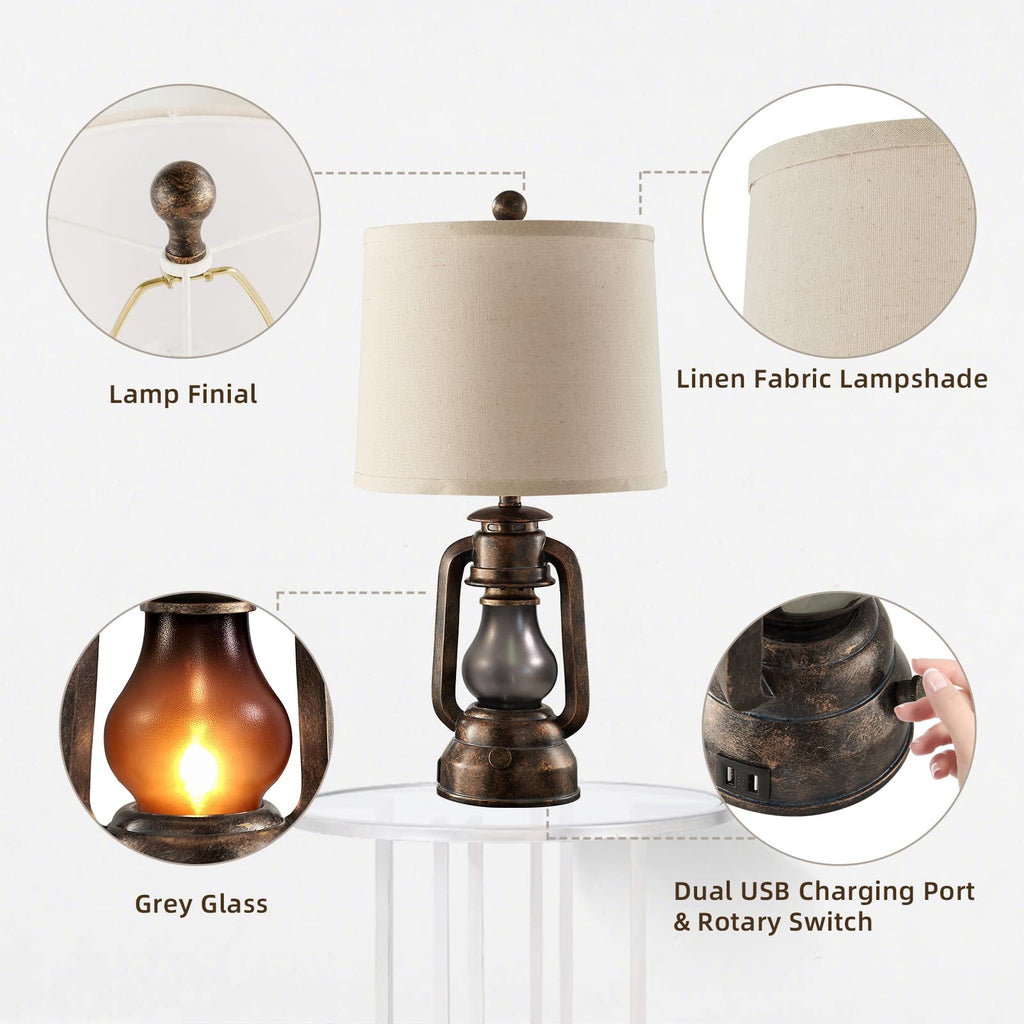 Farmhouse Lantern Table Lamps Set of 2 with USB C+A