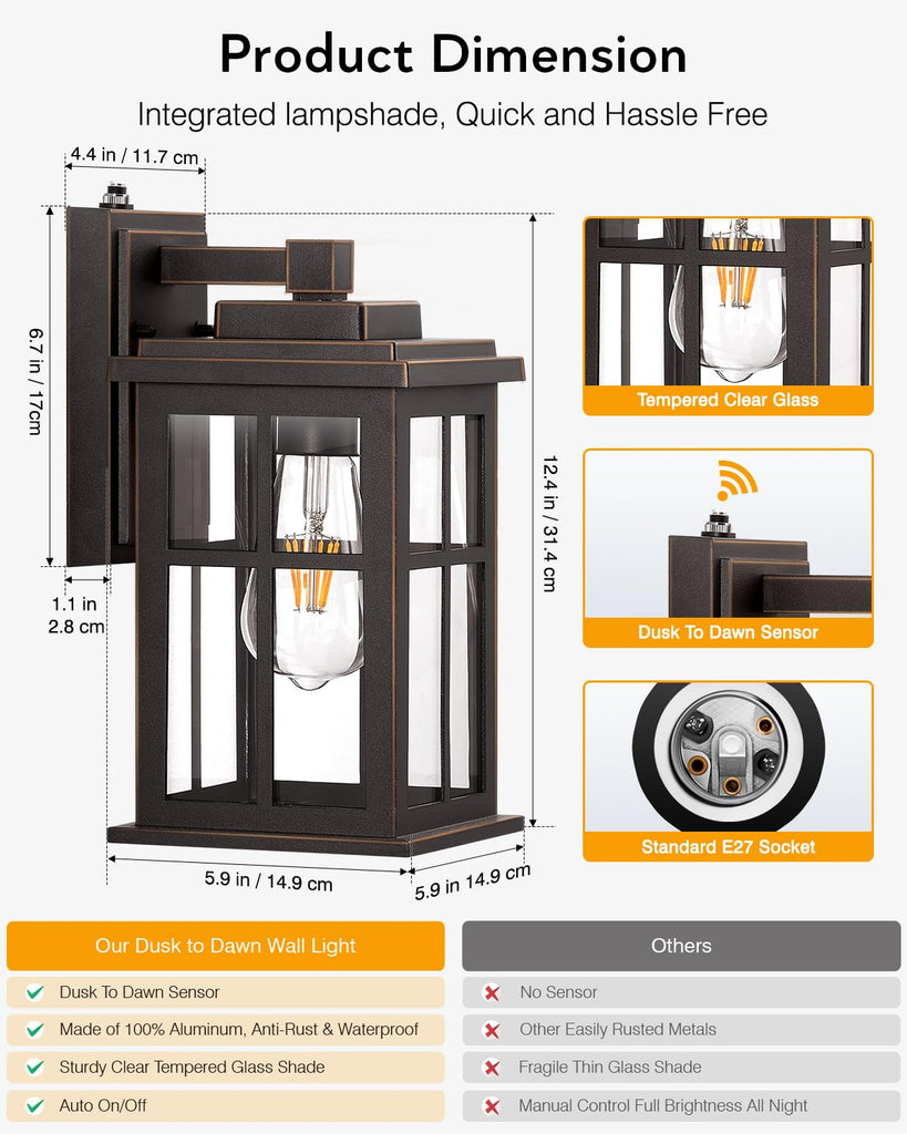 Anti-Rust Dusk to Dawn Outside Lights, 2-Pack Oil Rubbed Bronze Exterior Lighting Fixtures, Easy-to-Install