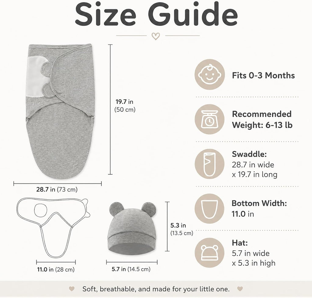 Pack Unisex Baby Swaddles for Newborns with Hat(Grey/Star/Stripe)