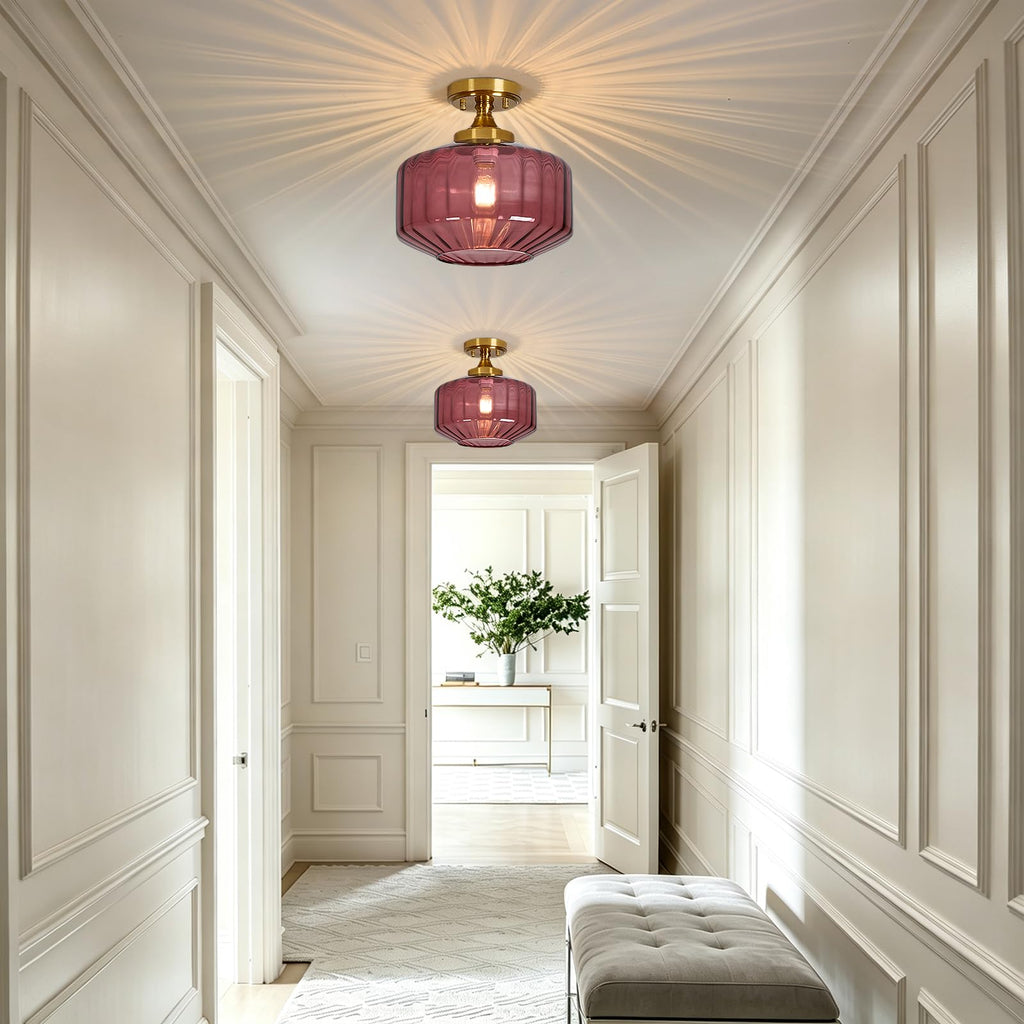 Glass Semi Flush Ceiling Light: 11" Gold Red Vintage Mid Century Chandelier