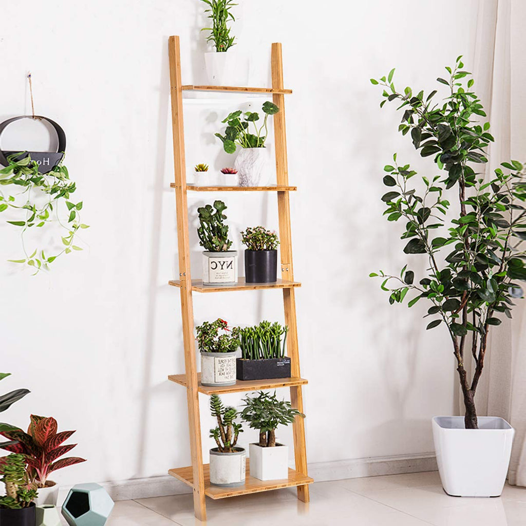 5-Tier Ladder Shelf Bookshelf, 65"H Bamboo Wall-Leaning Bookcase