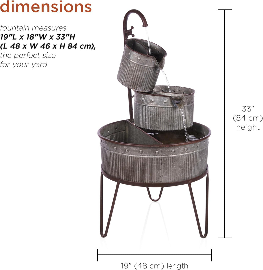 33" Outdoor Floor 3-Tier Vintage Tubs and Planters Fountain, Rustic Metal Cascading Waterfall Feature for Gardens
