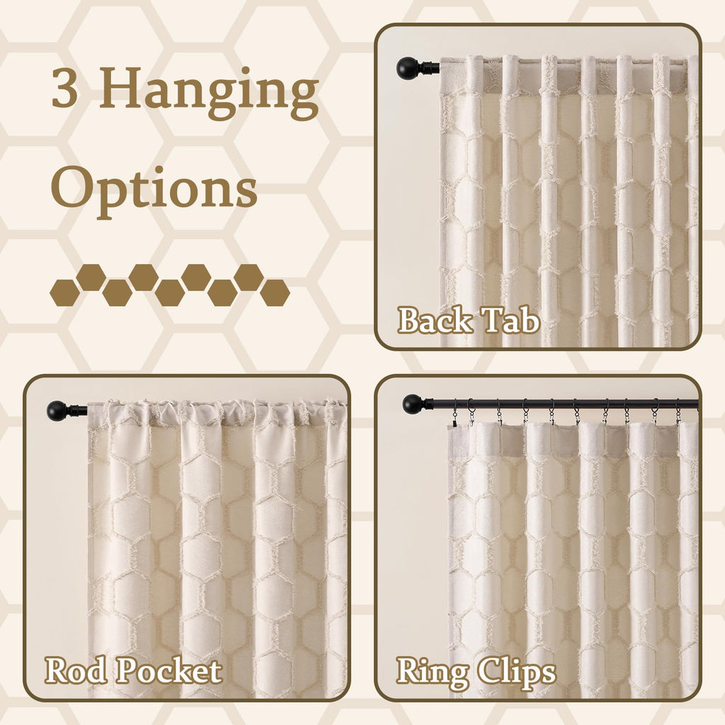 Cream Beige Geometric Curtains 84 Inches Long Back Tab Semi Sheer Fluffy Jacquard Curtains Hexagon Lattice Pattern