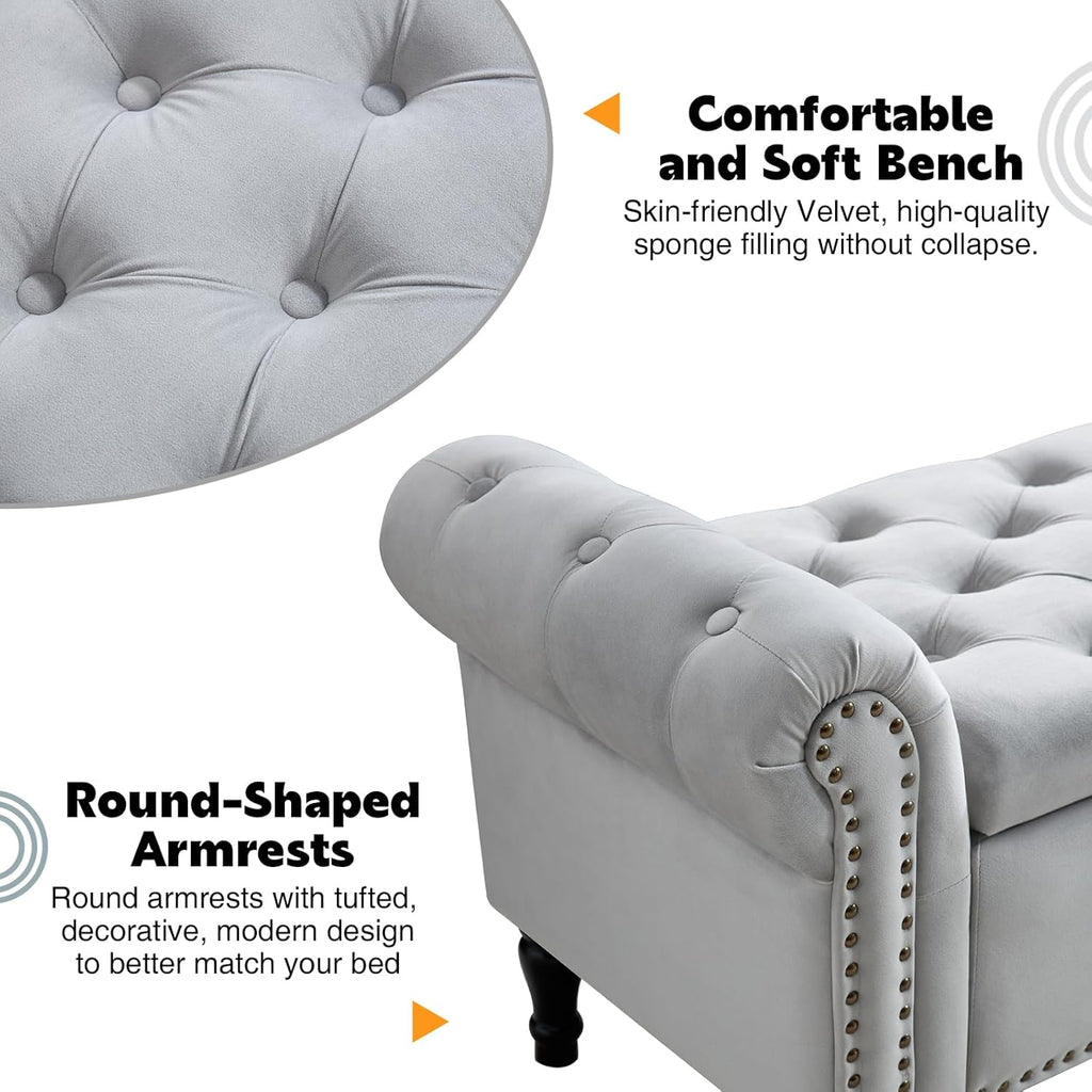 67" End of Bed Storage Bench King Size, Storage Bench End of Bed, Upholstered Velvet Tufted Storage Ottoman Benches