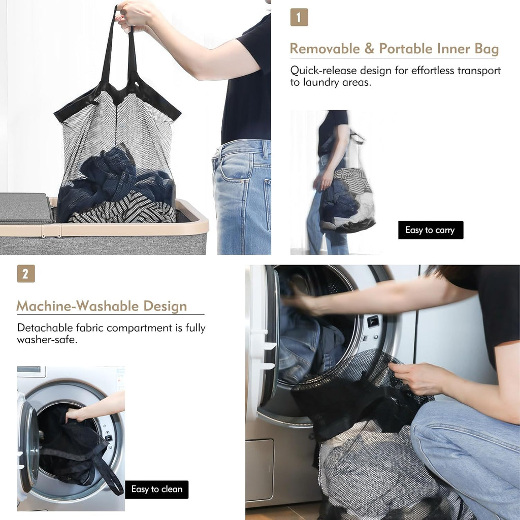 160L Double Laundry Basket Hamper with Lid & Removable Bags, Grey | Extra large 2-section collapsible clothes hamper
