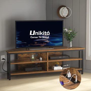 55'' Corner TV Stand with Power Outlet, Corner Entertainment Center TV Console Table with 4 Open Storage Shelves