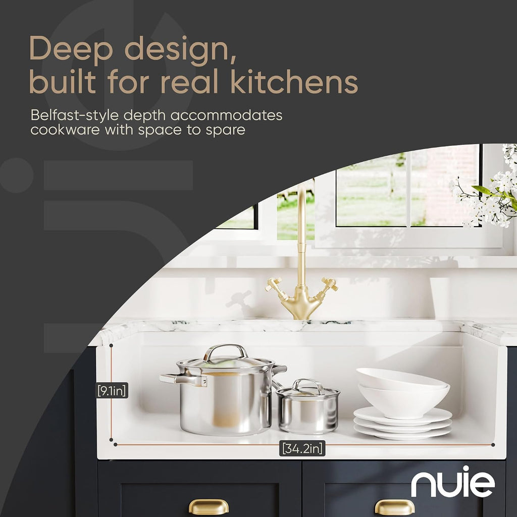 White Kitchen Sink 36 inch Single Bowl Apron Front Farmhouse Sink with Ledge, Grid and Cutting Board, Fireclay