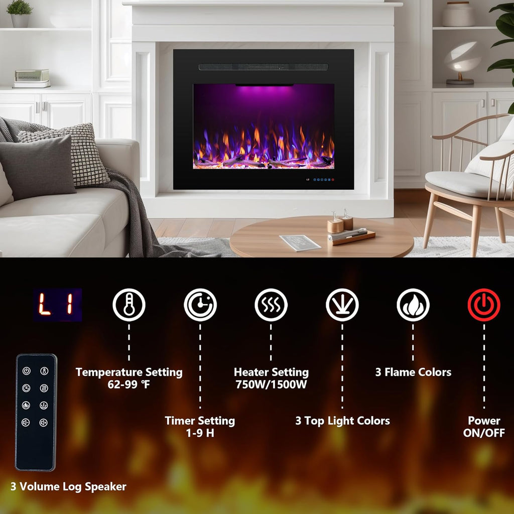 27.1" W Rear Electric Fireplace Inserts with Thermostat, Recessed Fireplace Heater with 3 Flame & Top Light Color