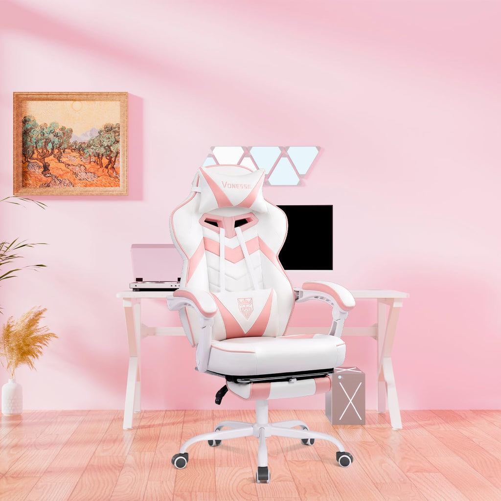 Gaming Chair, High Back Pink Gaming Chair with Footrest and Massage, Gaming Chairs for Adults with Pocket Spring