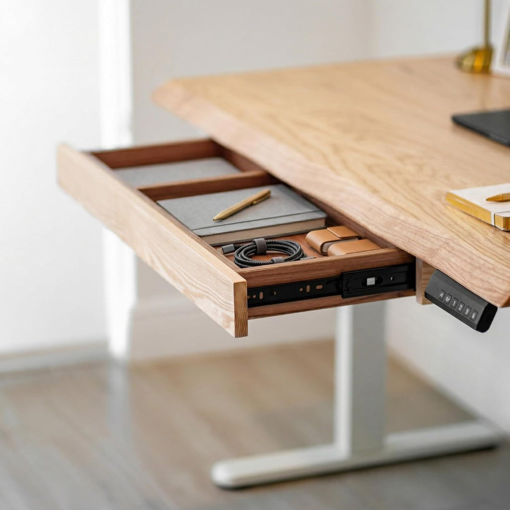 White Oak Solid Wood Standing Desk with Drawer, 60x27 | Live Edge Sit Stand Desk with Electric Adjustable Height Dual