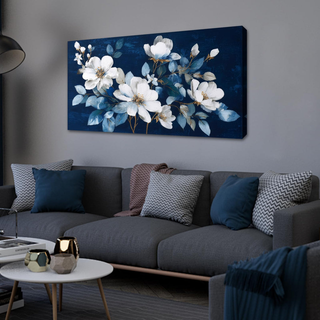 Framed Large Flower Canvas Wall Art Modern White Floral with Blue Background Print Living Room Office Home