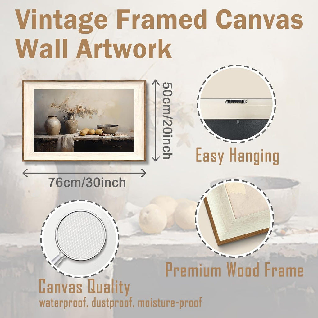 Framed Kitchen Wall Art Prints, Rustic Kitchen Farmhouse Wall Decor Living Room, Vintage Jars Still Life Oil Painting
