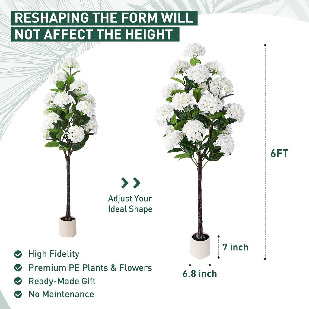 6 FT Artificial Hydrangea Tree- Large Faux Hydrangea Plants Indoor Outdoor, Fake Flower Trees with White Tall Planter