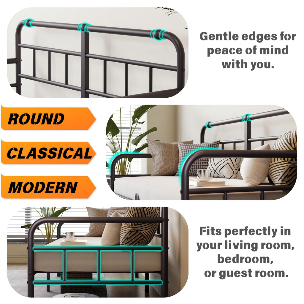 Twin Daybed Frame, Classic Day Bed Frame Twin Size with Headboard, Metal Platform Sofa Bed Living Room, Heavy Duty
