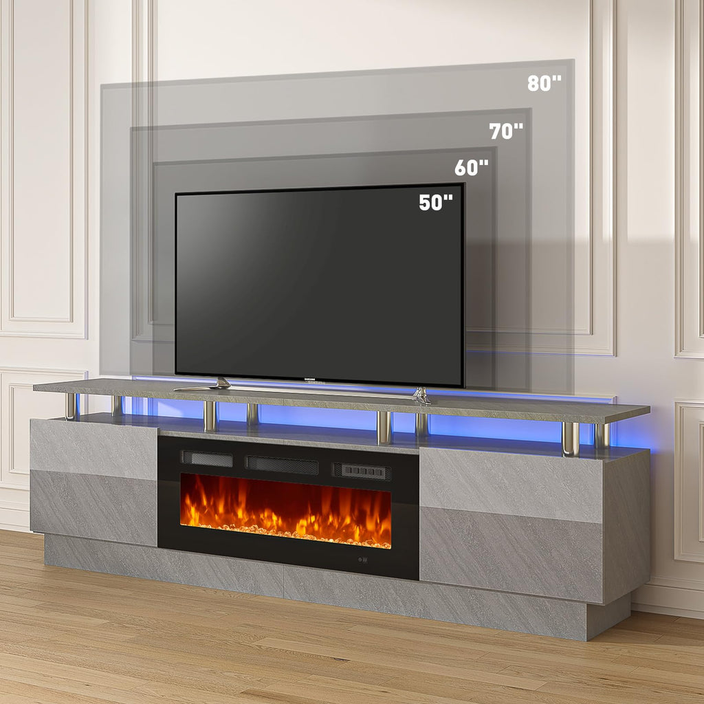 80", Modern Entertainment Center & 36 Inch Electric Fireplace with Remote Control, LED Light, Fire Place Tv Stand