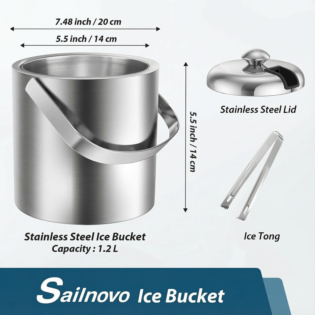 Mini Ice Bucket 1.2 Liter, Premium Compact Double-Wall Stainless Steel with Lid & Ice Tong