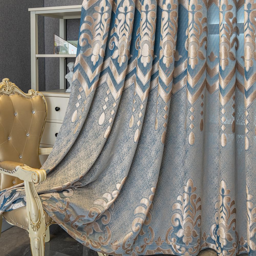 1 Pair European Semi-Sheer Curtains for Living Room Bedroom Embroidered Hollow Luxury Curtains (Blue,52x96 Inch)
