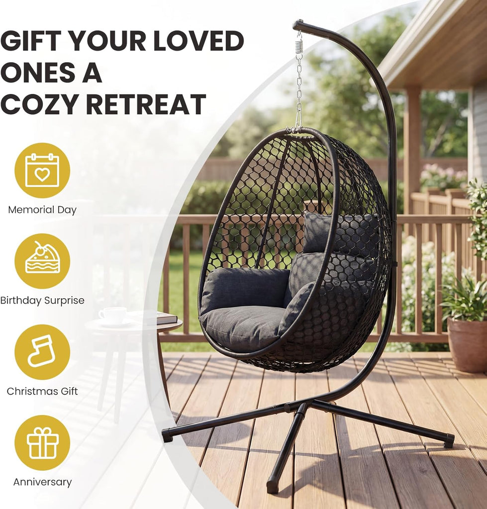 Egg Chair Outdoor with Stand, 400lbs Wicker Hanging Egg Swing Chair, Porch Swing Rocking Chair with Thick Cushion