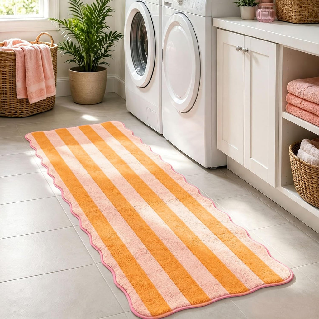 Scalloped Kitchen Runner Rug, Orange Pink Stripe, 2 x 6 Ft