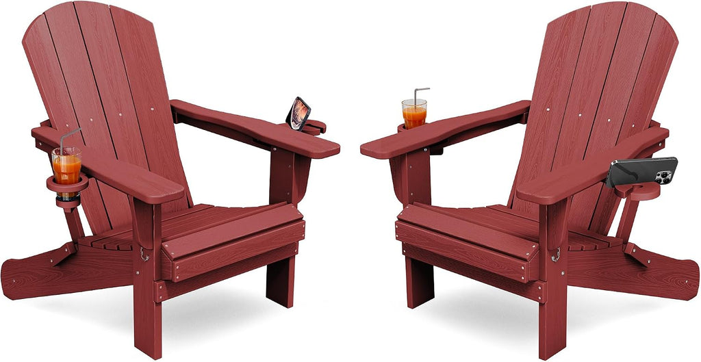 Folding Adirondack Chair Set of 2 with 2 Cup Holders, Red | HDPE Composite | Waterproof | Wood Grain | Hidden Cup &