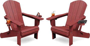 Folding Adirondack Chair Set of 2 with 2 Cup Holders, Red | HDPE Composite | Waterproof | Wood Grain | Hidden Cup &