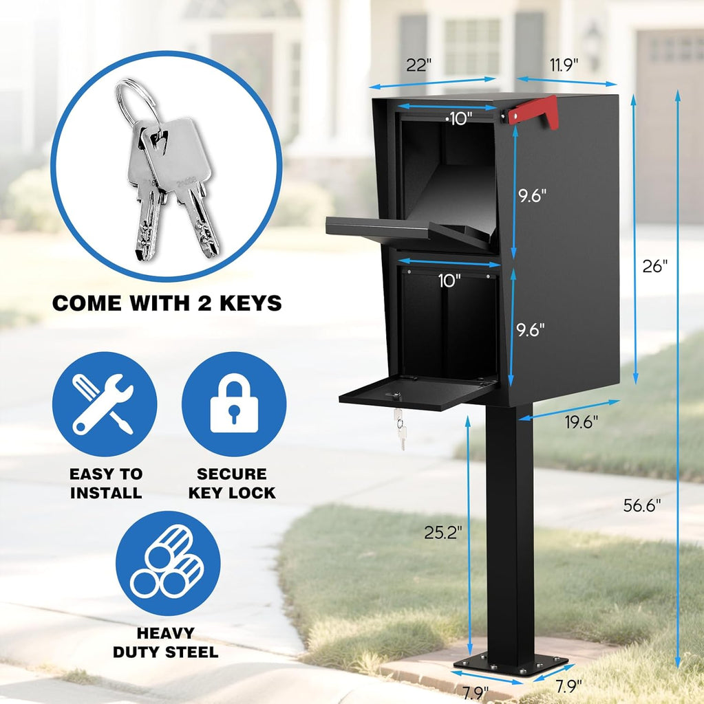 Curbside Large Mailbox with Post - Locking Mailbox Post Mount with Base Plate