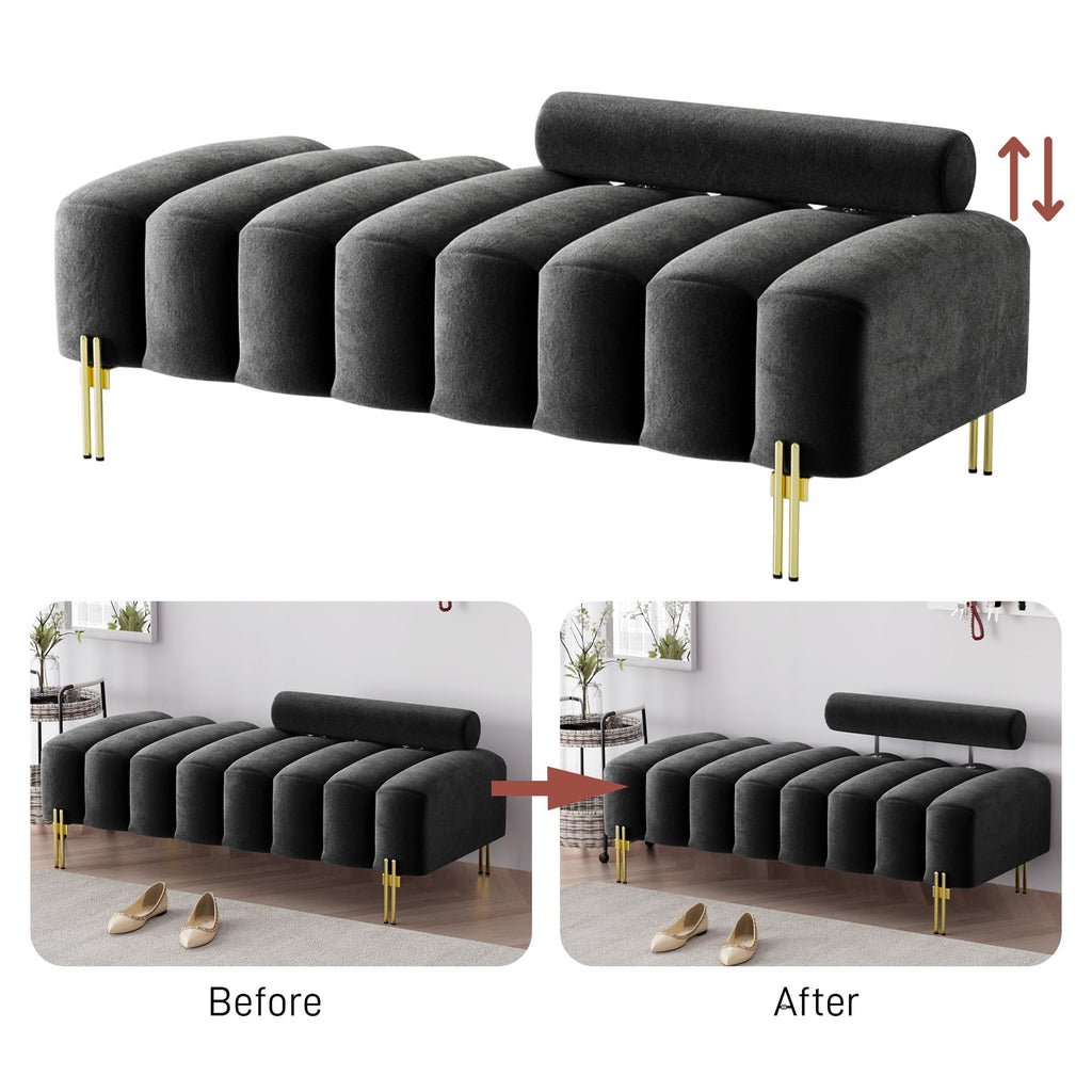 52.2" Velvet Upholstered Bench Ottoman with Adjustable Backrest, Black