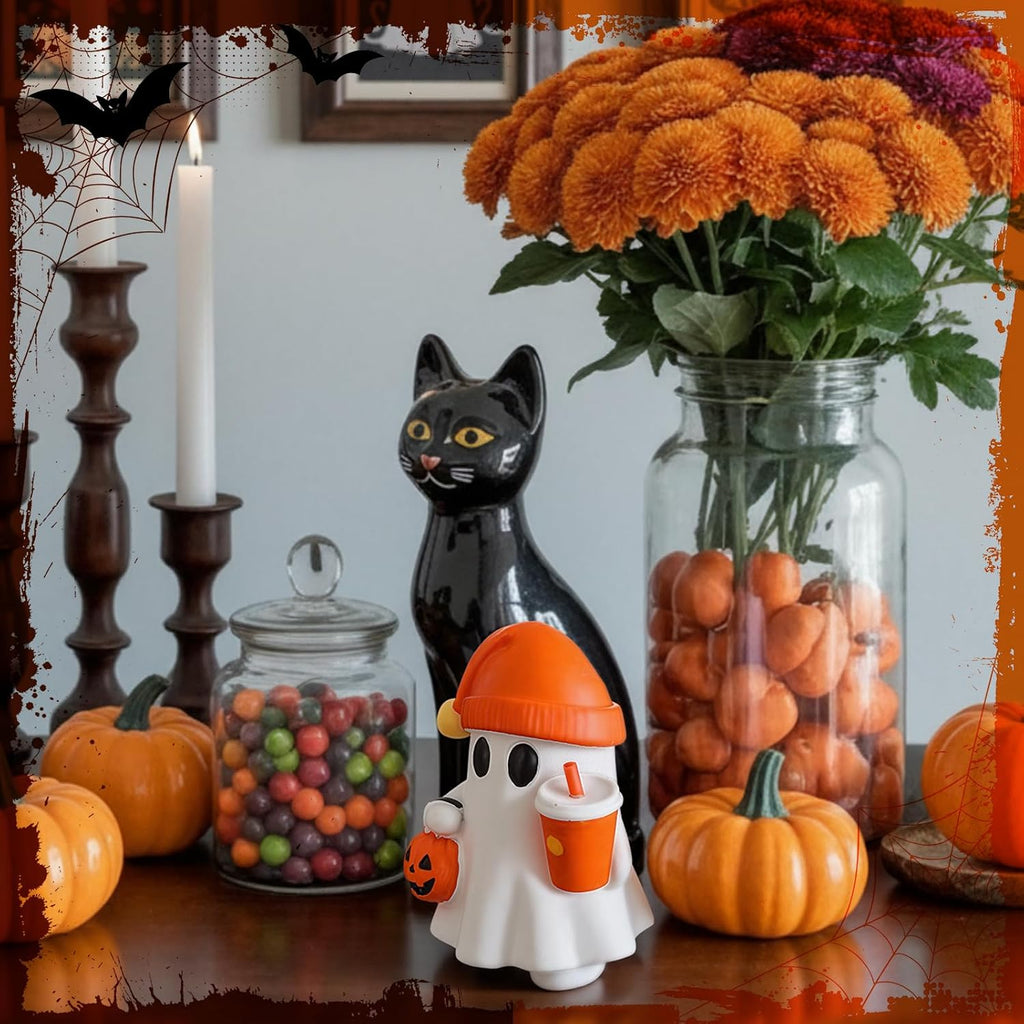 Cute Halloween Ghost Figurine with Pumpkin Bucket and Orange Drink