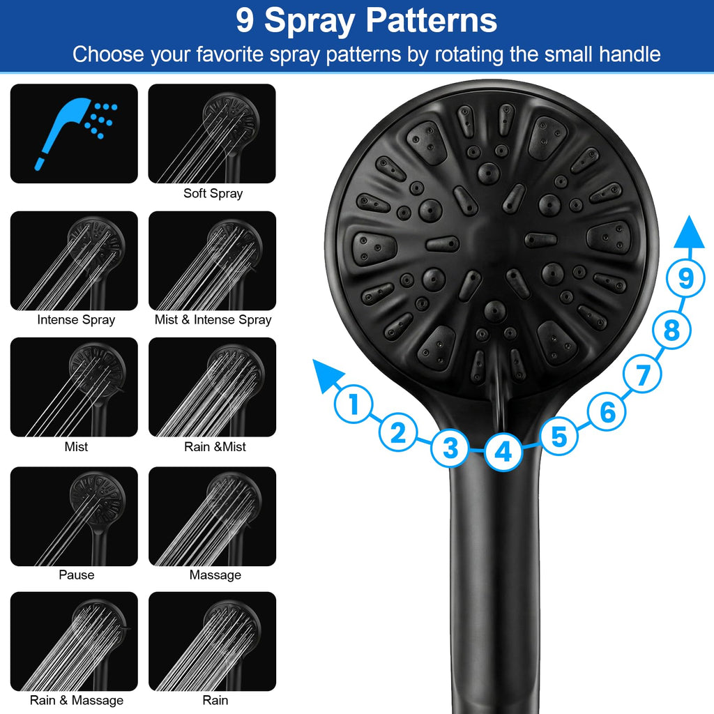 Shower Head, 12'' High Pressure Rainfall/Handheld Shower Combo, Matte Black