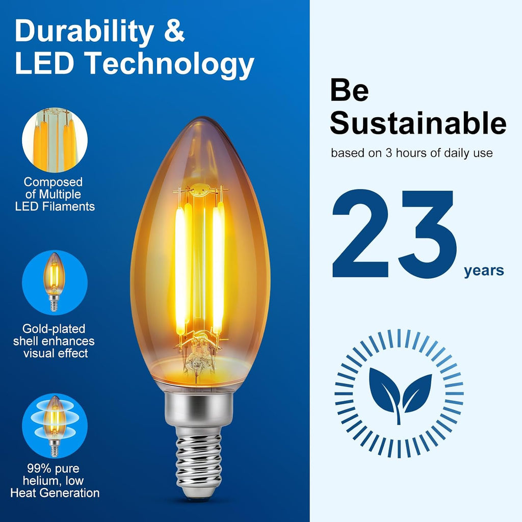 E12 Dimmable Amber LED Light Bulbs, 40 Watt Equivalent, C35 Candelabra Base, 2200K Warm Light, 30000LM, 2 Pack