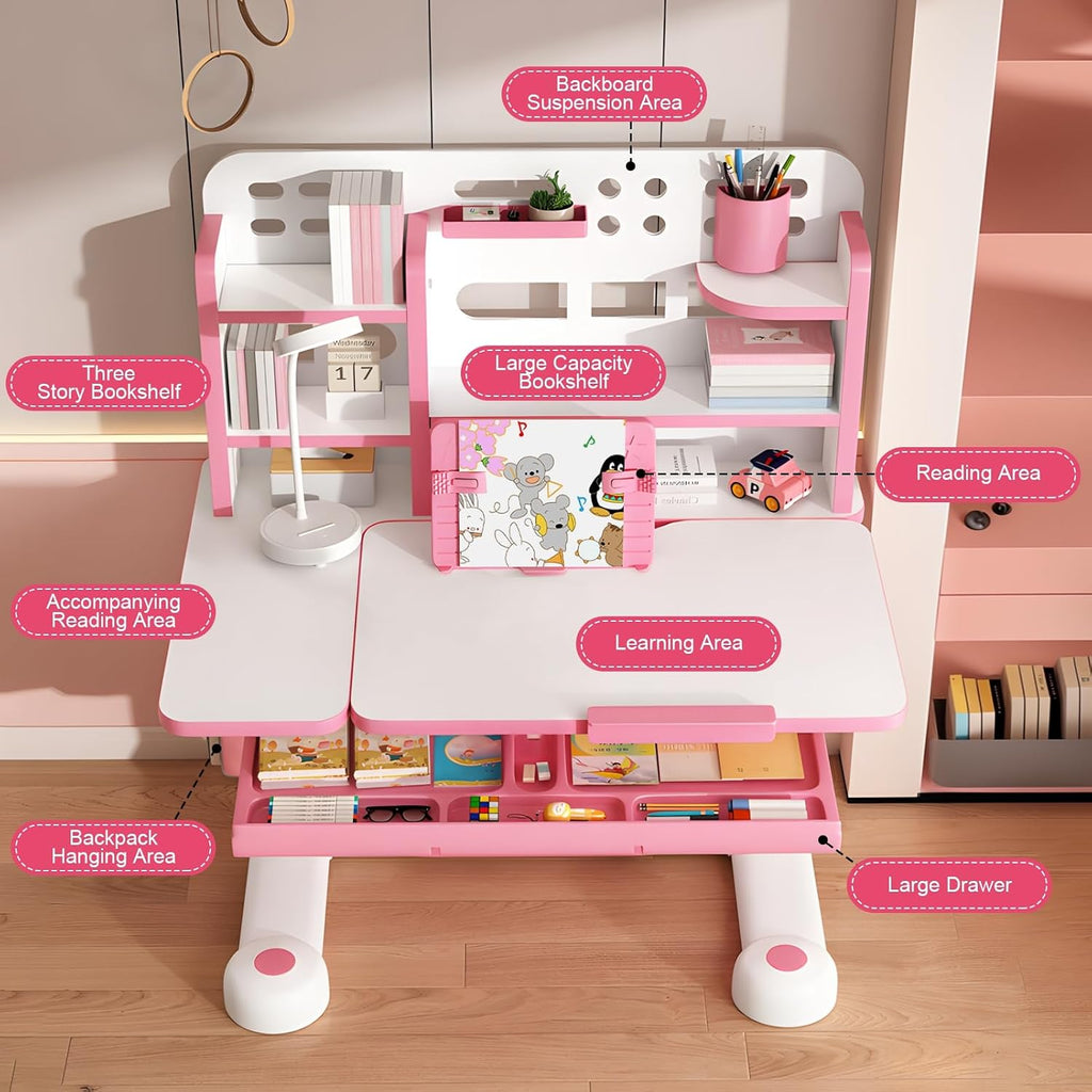 Kids Desk and Chair Set, Adjustable Height & Tilting Desktop Girls Desk