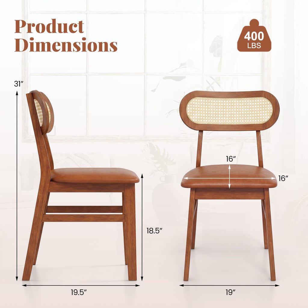 Wooden Dining Chairs Set of 2, Mid-Century Modern Kitchen Chairs with Upholstered Seat & Rattan Backrest, Faux