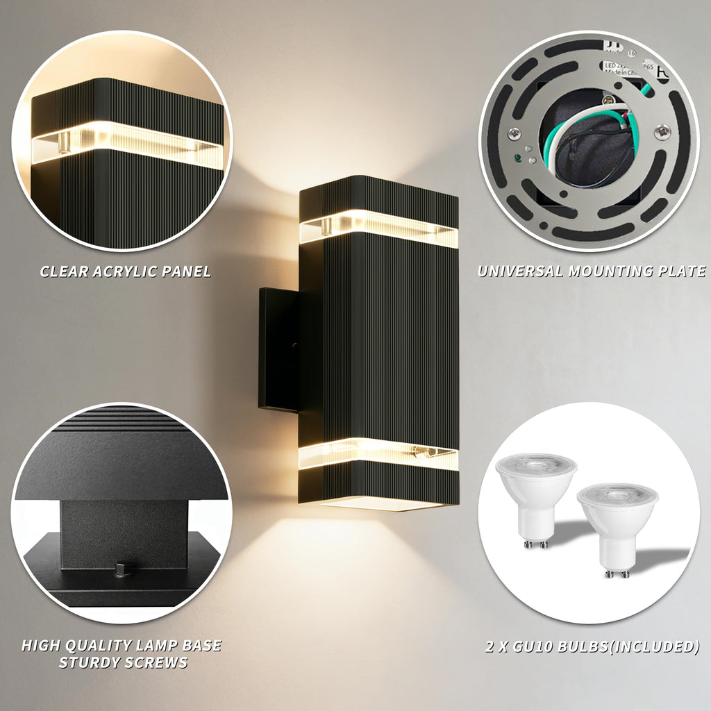 2 Pack Outdoor Wall Lights, Square Up and Down Porch Lights, Black