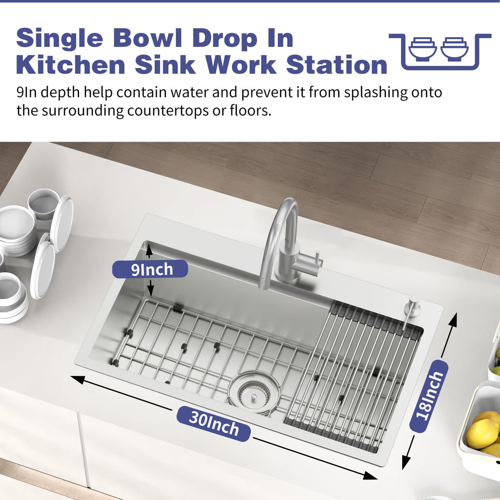 30x18In Stainless Steel Kitchen Sink Workstation, Drop-In, Single Bowl