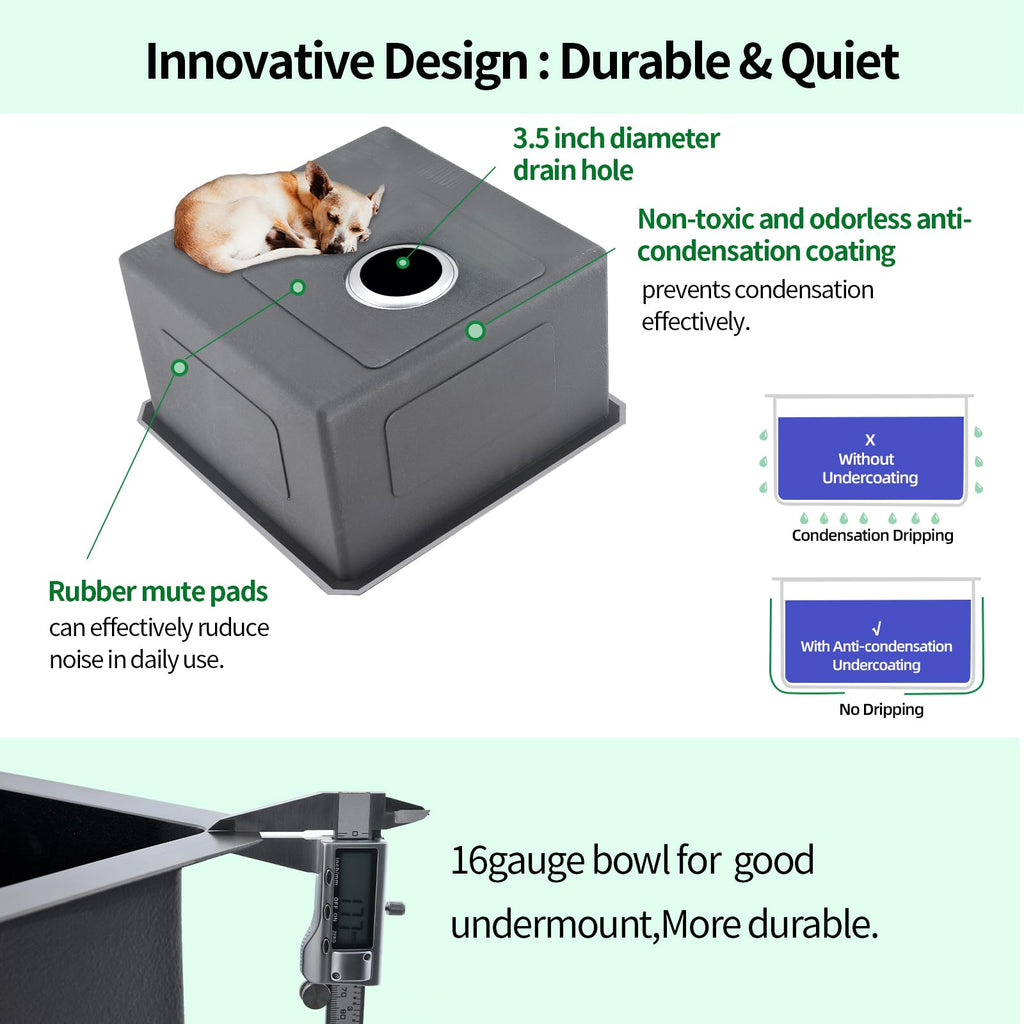 Undermount, 18 x 18 x 10 Inch Single Bowl Undermount Small Bar Sink 16 Gauge Stainless Steel Gunmetal Black