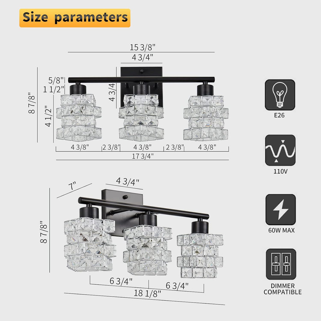 3 Lights Bathroom Vanity Light, Crystal Bathroom Light Fixture Over Mirror, Matte Black & Crystal Rotateable Indoor