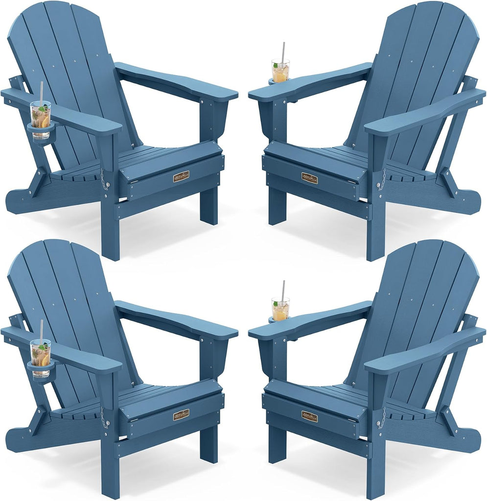 Folding Adirondack Chair Set of 4 with Cup Holder for Fire Pit-Blue | Foldable Adirondack Chairs Garden Outdoor