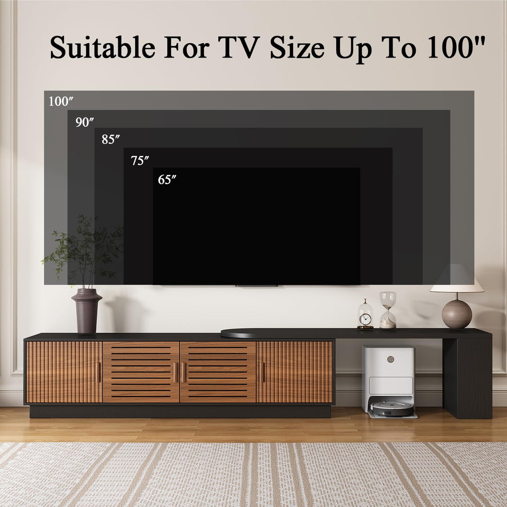 70.1"-100" Mid Century Modern TV Stand for 85" 90" 100" TVs, Extendable TV Stand with 4 Storage Cabinets, Adjustable