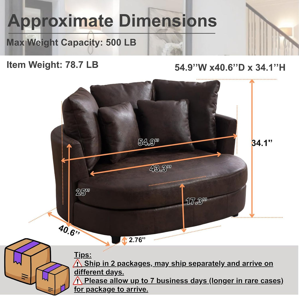54.9''W Oversized Accent Barrel Chair, Upholstered Faux Leather Comfy Couch Sofa with 5 Pillows, Studio, Brown.