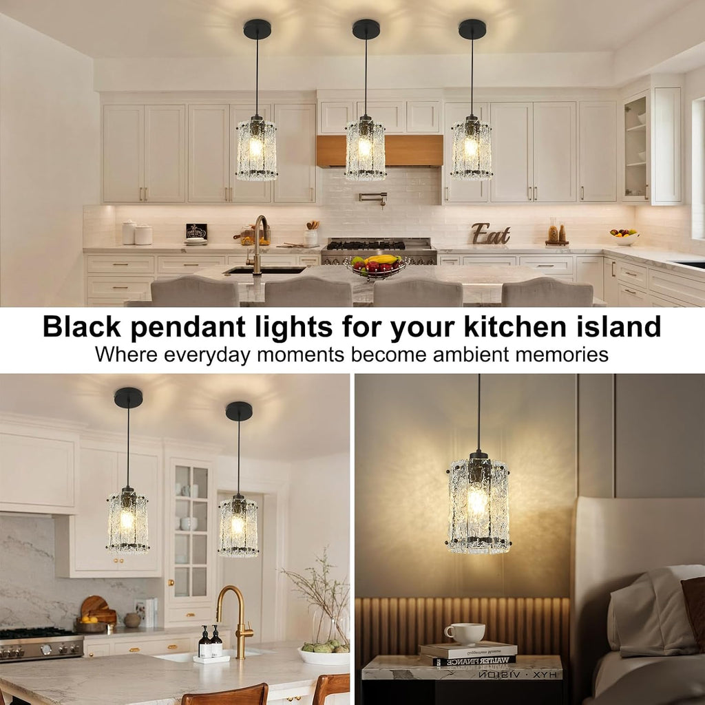 Black Pendant Lights Kitchen Island 2 Pack Modern Water Ripple Glass Pendant Lights Fixtures Round Adjustable Hanging