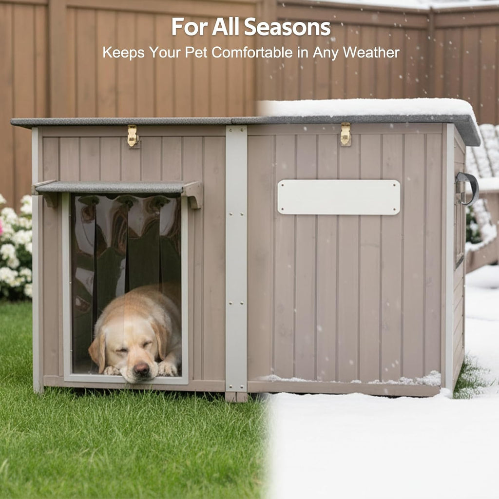 55"L Dog House Outdoor Large Breed Extra XL Wooden Dog House with Weatherproof Asphalt Roof, All-Around Iron Frame