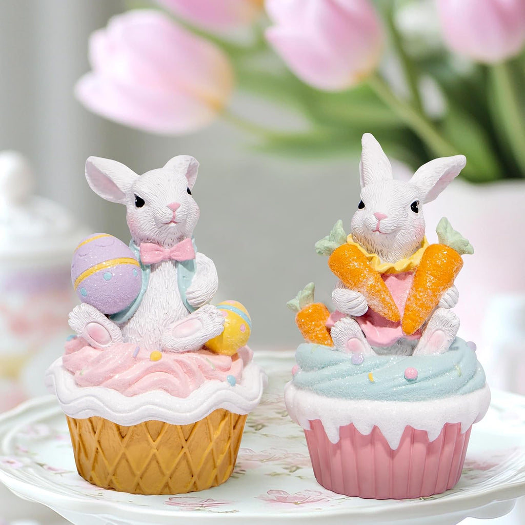 Easter Bunny Cupcake Figurines with Carrots and Eggs - Cute Spring Tabletop Decor for Easter Celebration, Decorations - Set of 2