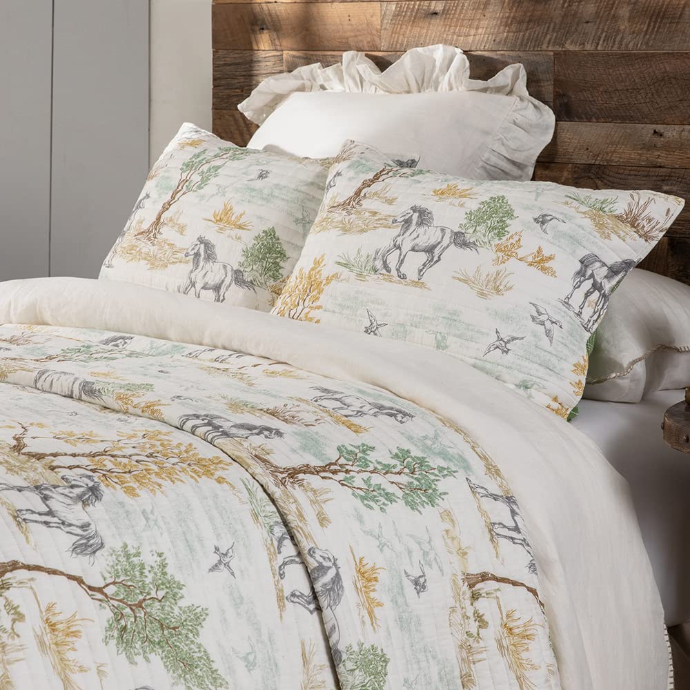 Graystone Meadow Full/Queen Quilt, Horse Toile Western Bedding, Reversible Cotton Bedspread, Green Gray Taupe Tan